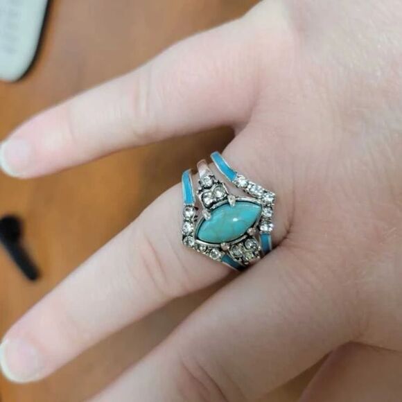 Western Bohemian Navajo Turquoise Wedding Engagement Ring Diamond Ring Set - Picture 6 of 12